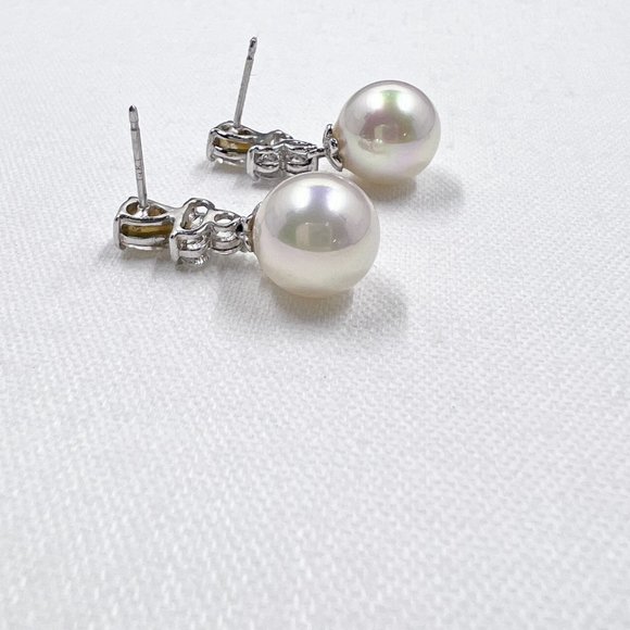 White 14K and Sterling Silver CZ Drop Faux Pearl Earrings - Picture 5 of 6